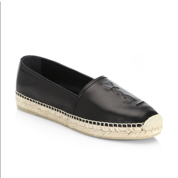 Saint Laurent YSL Logo Black Leather Espadrille Flat Sneakers 39